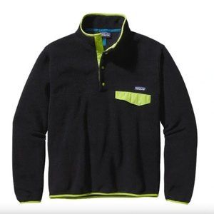 Mens Patagonia lightweight synchilla pullover with snap fleece black neon green